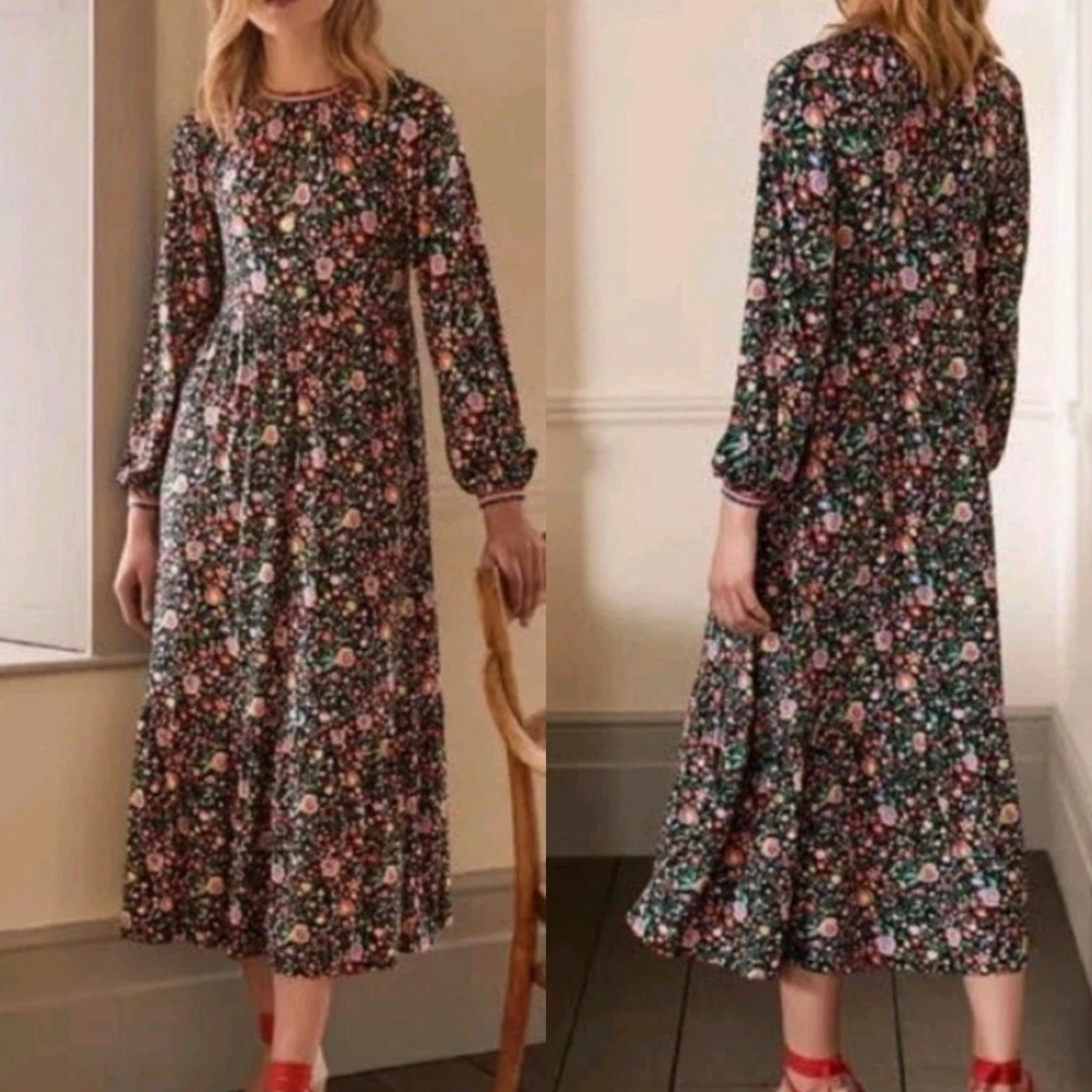 BODEN Boho Floral Jersey Cotton Stretch Modest Long Sleeve Stripe Midi Dress